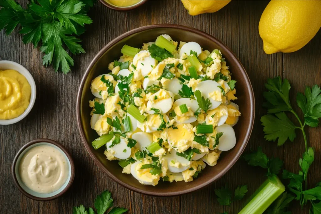 Bowl of freshly made egg salad with chopped eggs, herbs, and celery on a wooden table.