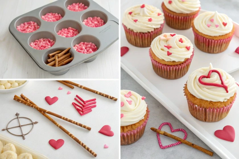 Beautifully decorated bow and arrow cupcakes displayed on a festive platter, perfect for Valentine's Day and themed celebrations.