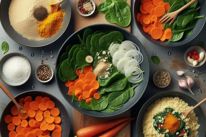 A colorful bowl of couscous with carrots and spinach, garnished with herbs