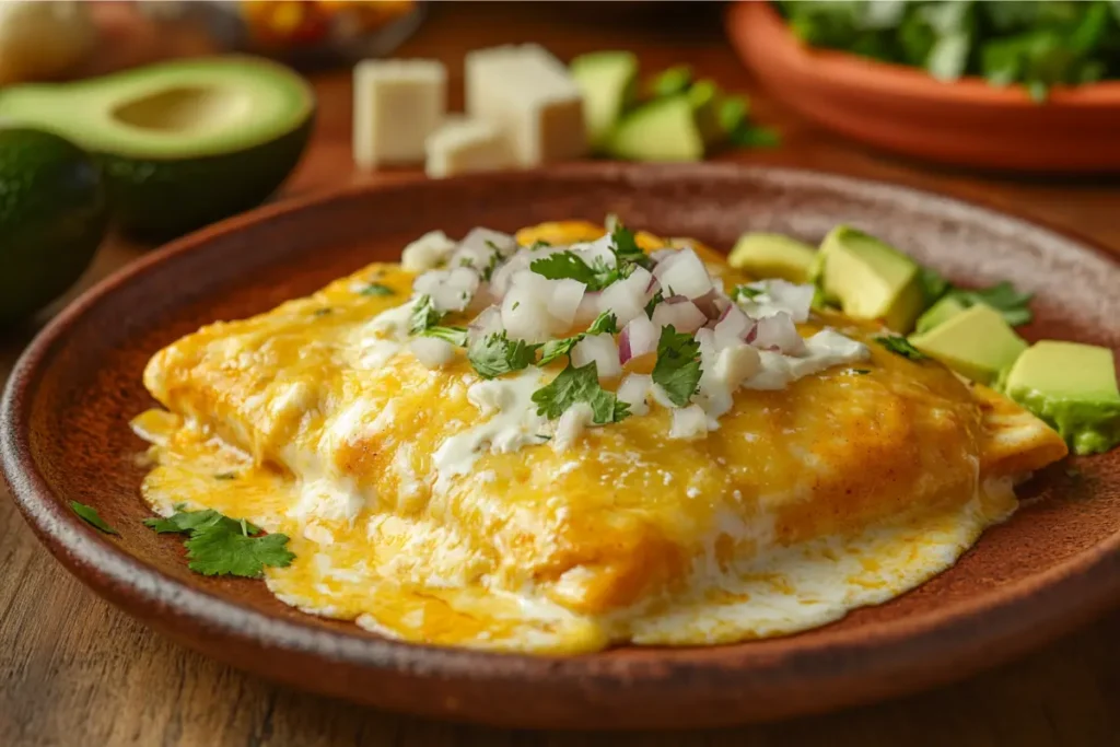 A plate of enchiladas topped with melted cheese, garnished with cilantro and onions, served on a rustic table with Mexican tableware.