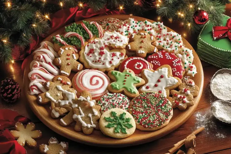 Festive platter of Christmas cookies from the Christmas Cookie Challenge, featuring colorful holiday designs