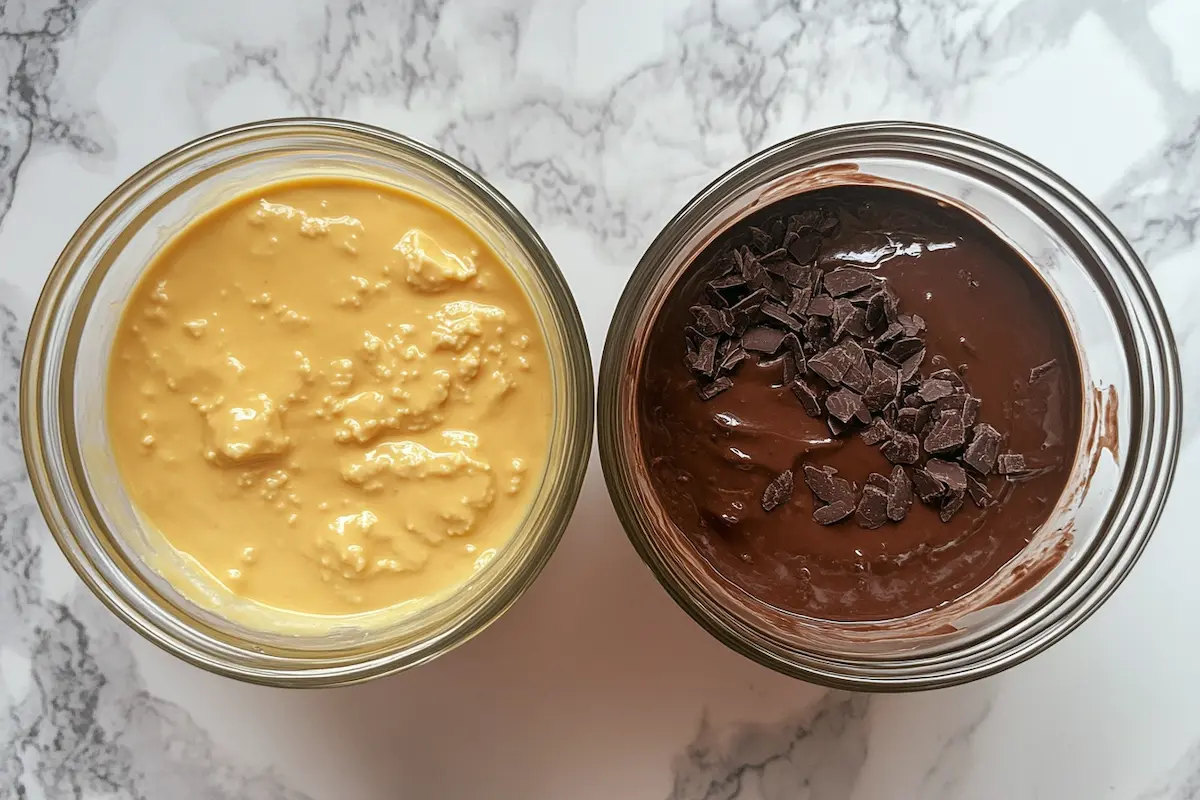 What's the difference between instant pudding mix and regular pudding mix? in a top-down shot of two puddings.