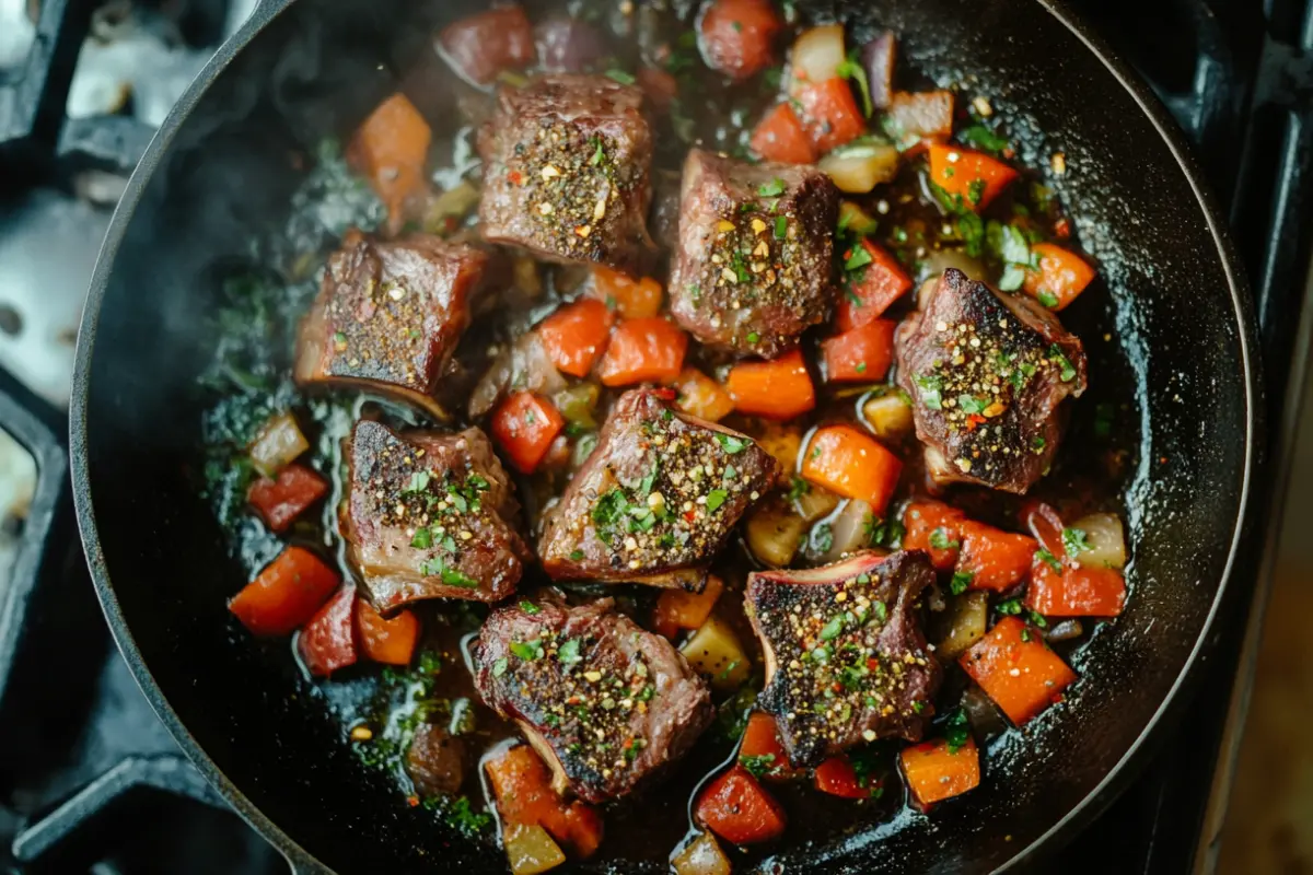 Overhead shot of cooking beef short ribs recipe seasoned with oxtail seasoning