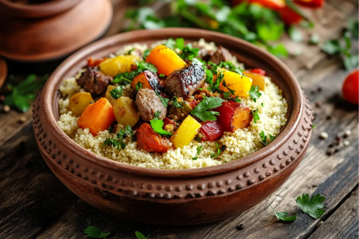 Traditional couscous served with Moroccan lamb tagine and roasted vegetables on a rustic wooden table.