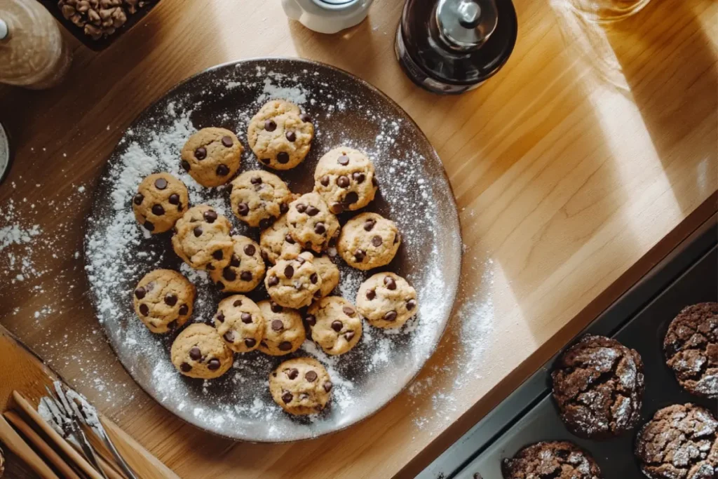 Overhead view of Tate’s chocolate chip cookies on a plate, What are the ingredients in Tate's chocolate chip cookies?