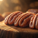 Close-up of crisp, caramelized candied pecans on a wooden board