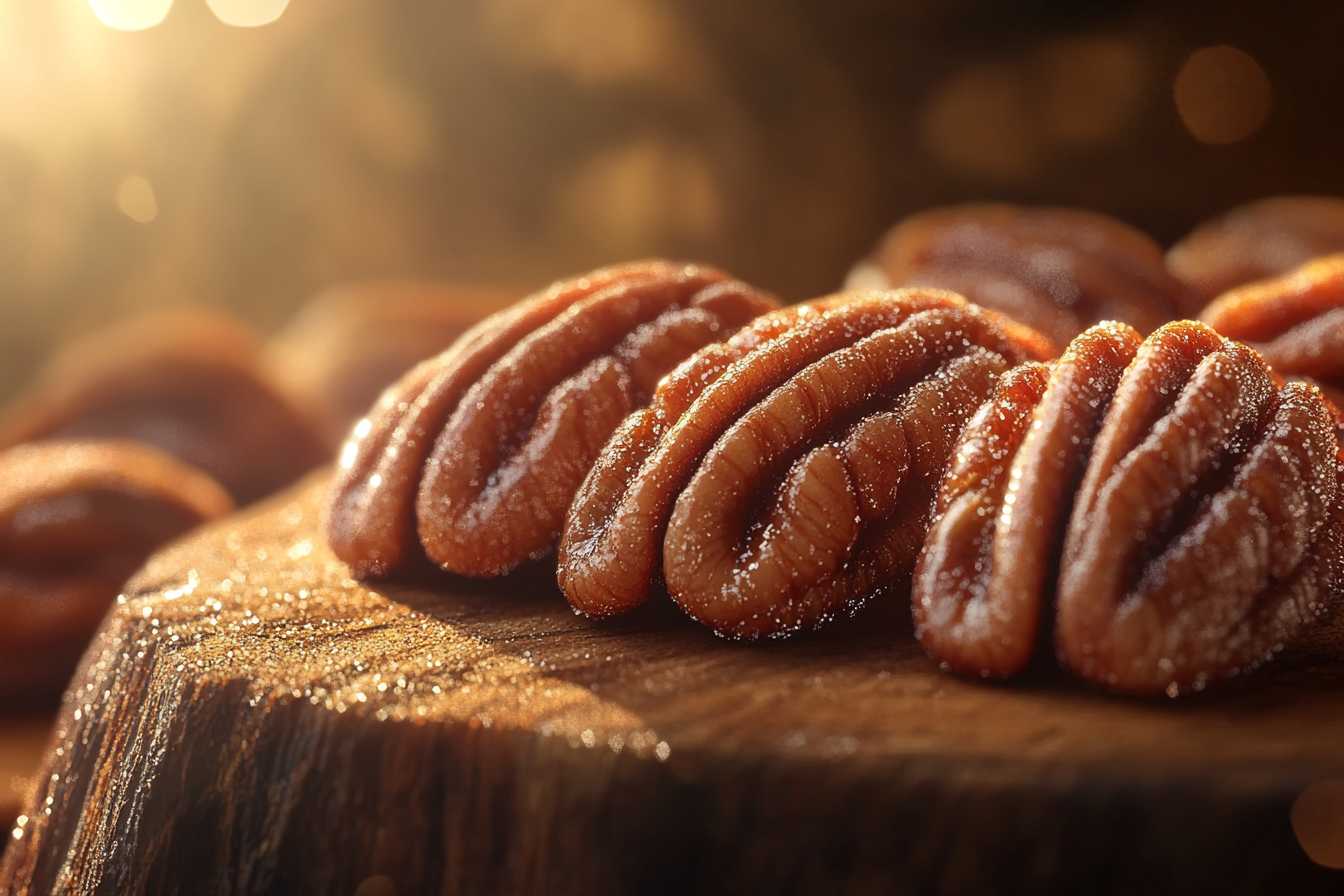 Close-up of crisp, caramelized candied pecans on a wooden board