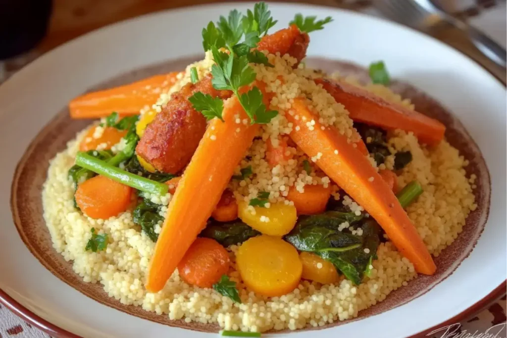 A bowl of couscous topped with fresh herbs, roasted vegetables, dried fruits, and nuts, garnished with lemon zest and pomegranate seeds.