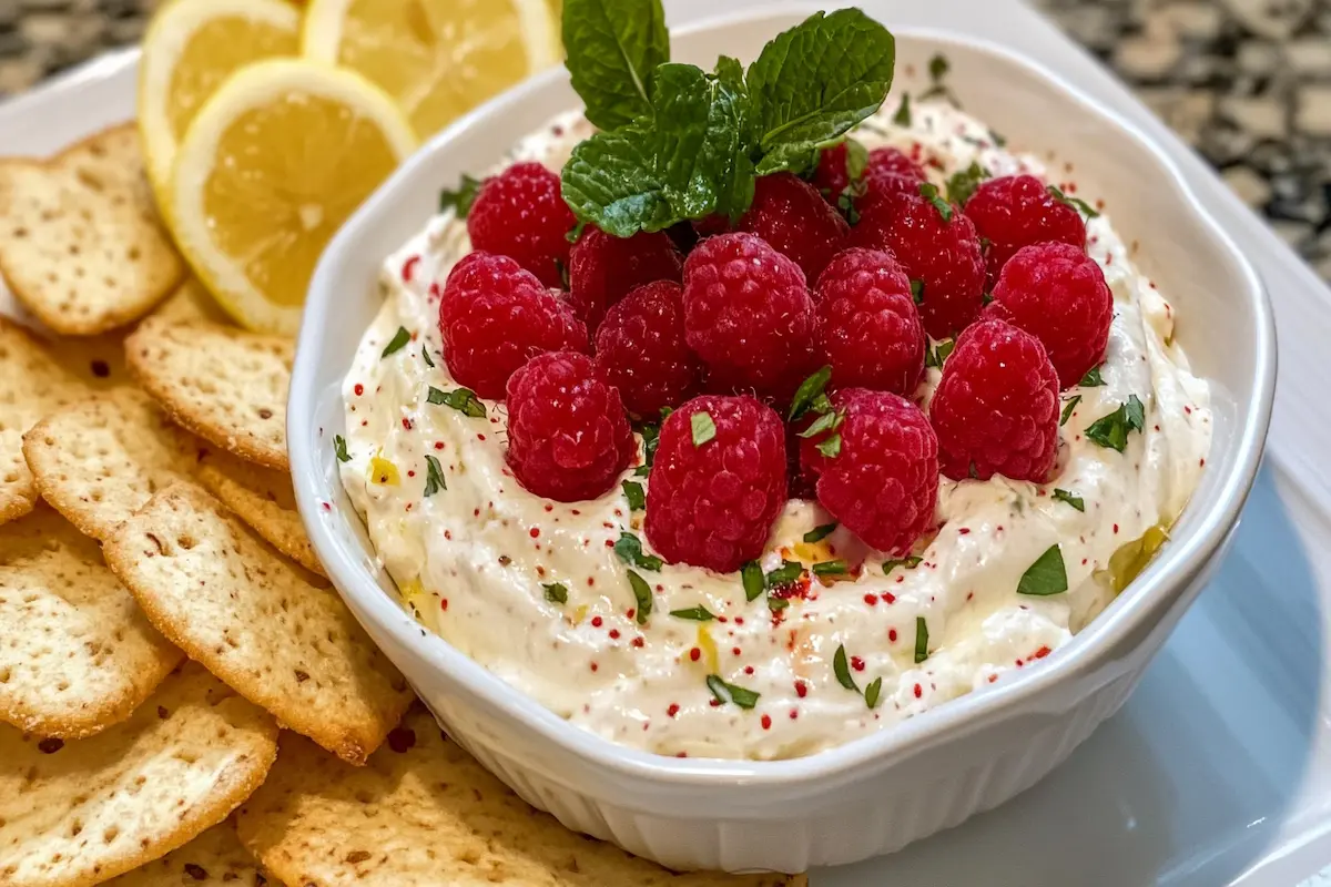 Raspberry lemon fruit dip recipe with fresh berries.