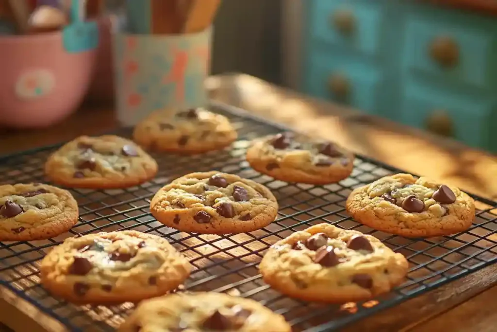 Close-up of warm Disney chocolate chip cookies, gooey chocolate chips oozing on a wooden rack, set against a cozy kitchen background.