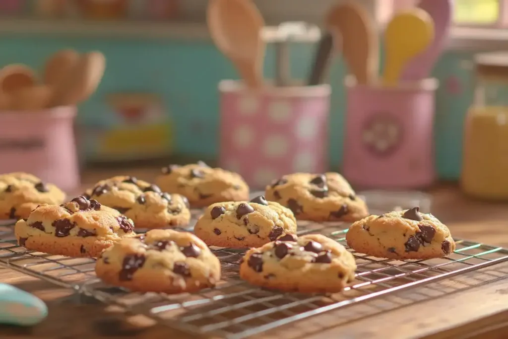 Disney chocolate chip cookies on a wooden cooling rack, golden brown with melted chocolate chips, styled on a white countertop with baking tools.