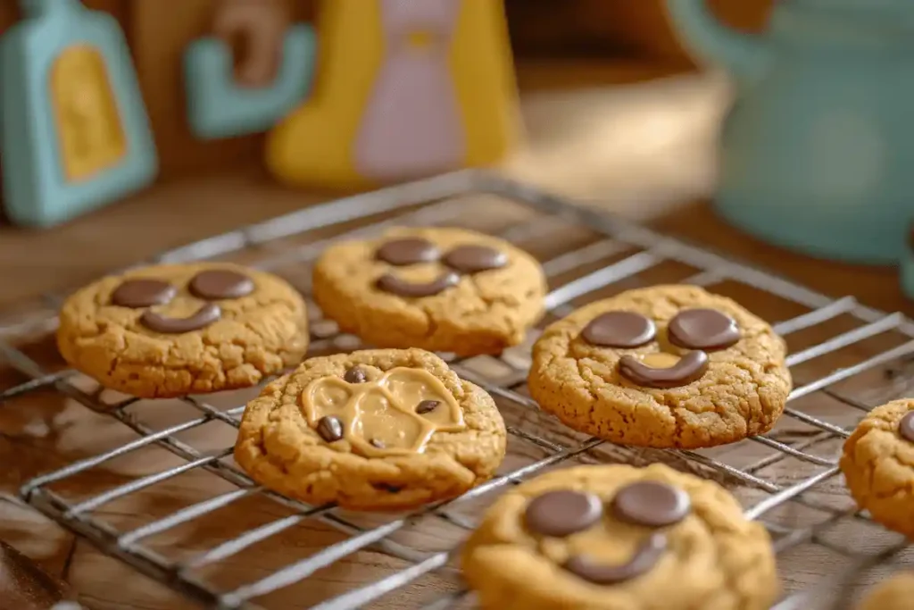 Golden-brown Disney chocolate chip cookies on parchment paper, featuring melted chocolate and a nostalgic baking theme.