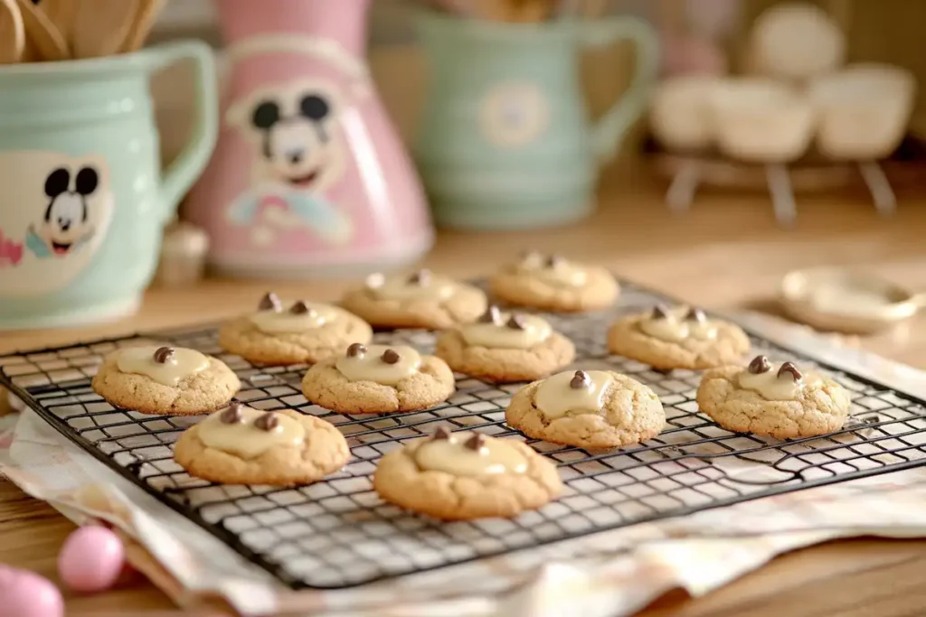 Soft and chewy Disney chocolate chip cookies with melted chocolate, resting on a wire rack, surrounded by baking tools.