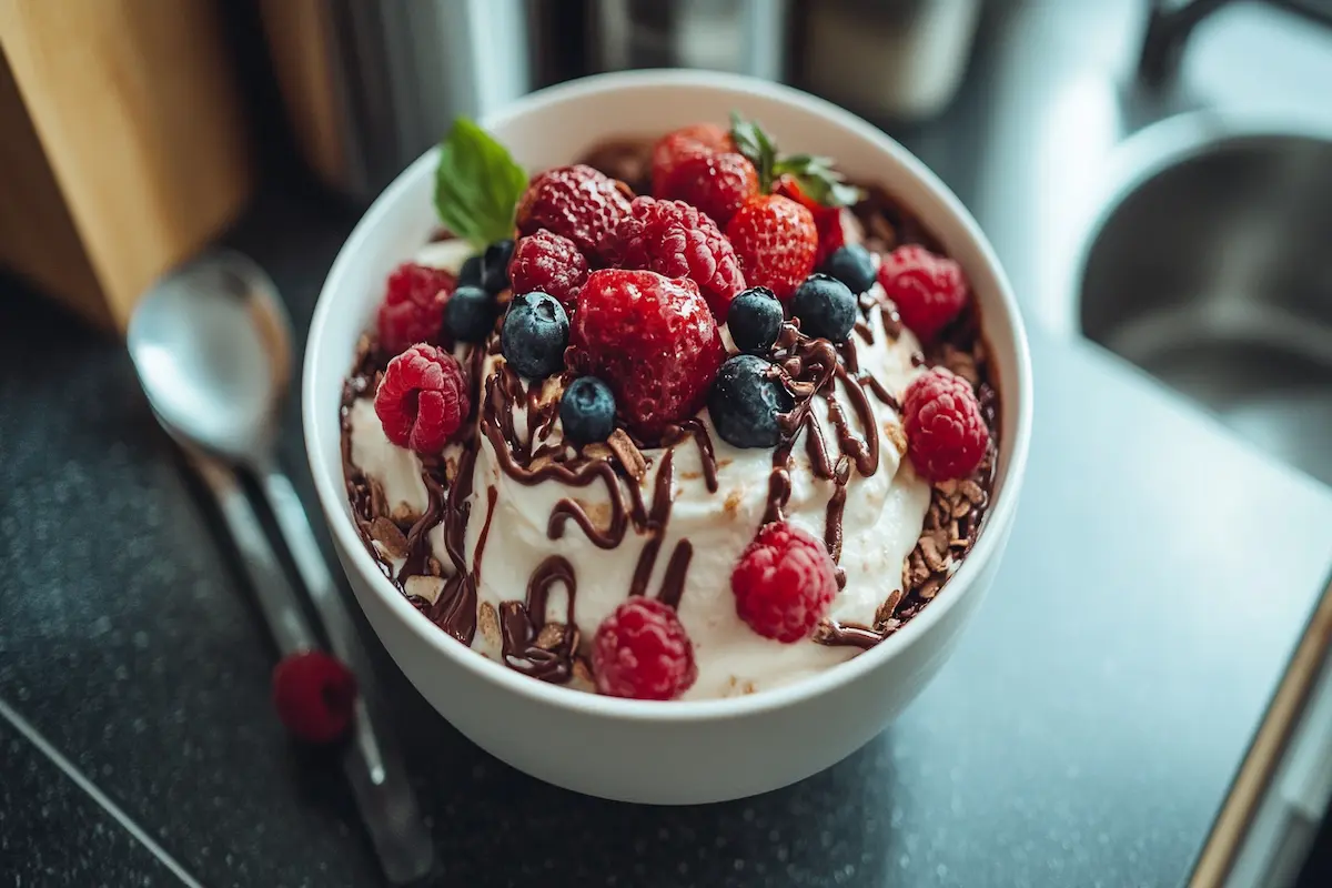 A creamy bowl of enhanced instant pudding with berries, illustrating how do you enhance instant pudding?