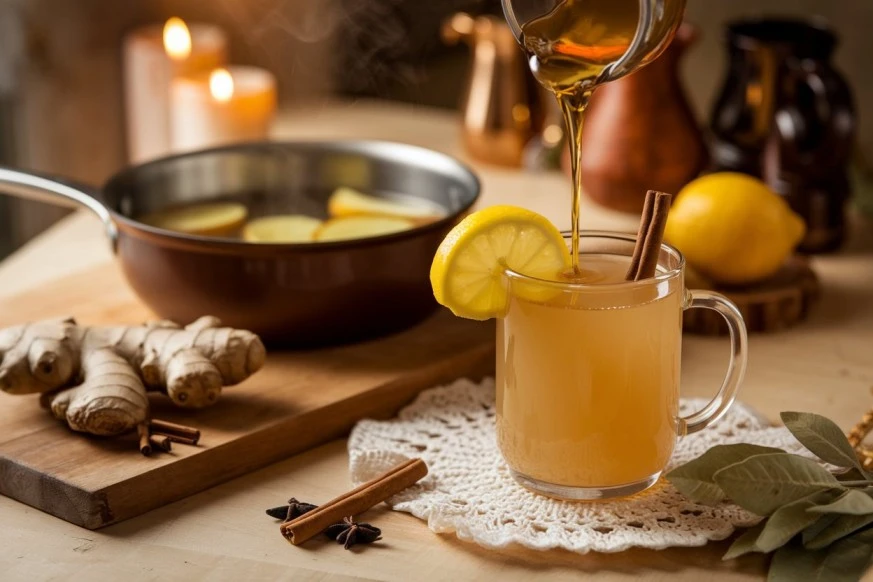 A warm ginger toddy non-alcoholic recipe served in a clear mug, garnished with a cinnamon stick and lemon slice, on a rustic table.