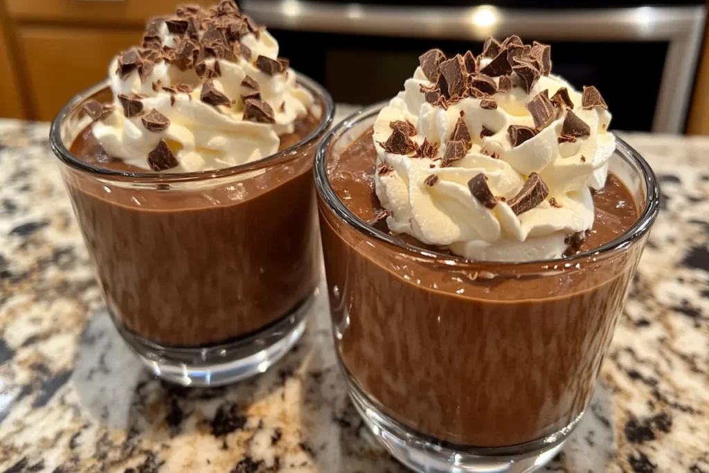 Close-up overhead shot of upgraded instant chocolate pudding dessert.