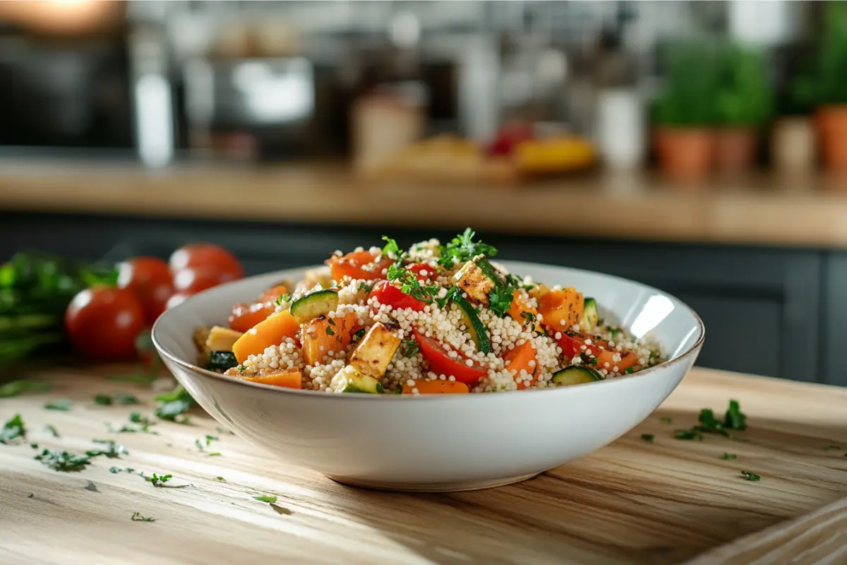 A healthy bowl of couscous with fresh vegetables like zucchini, tomatoes, and bell peppers.