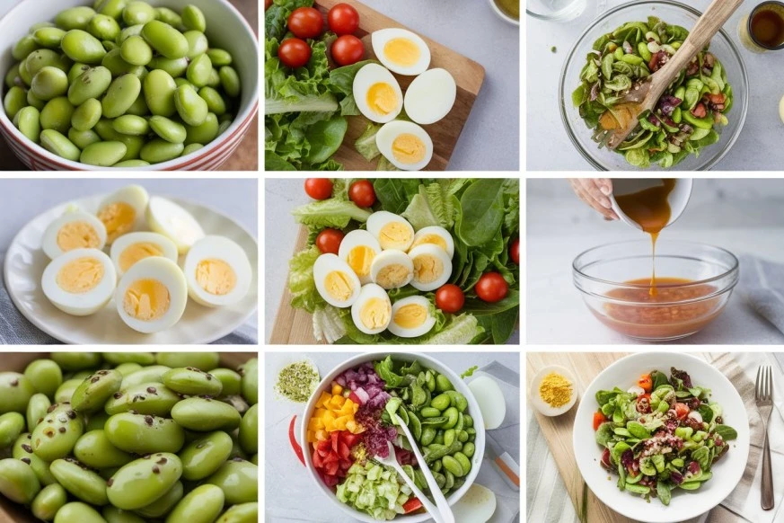 Edamame egg salad with fresh vegetables and tangy dressing, served in a white bowl on a wooden table.