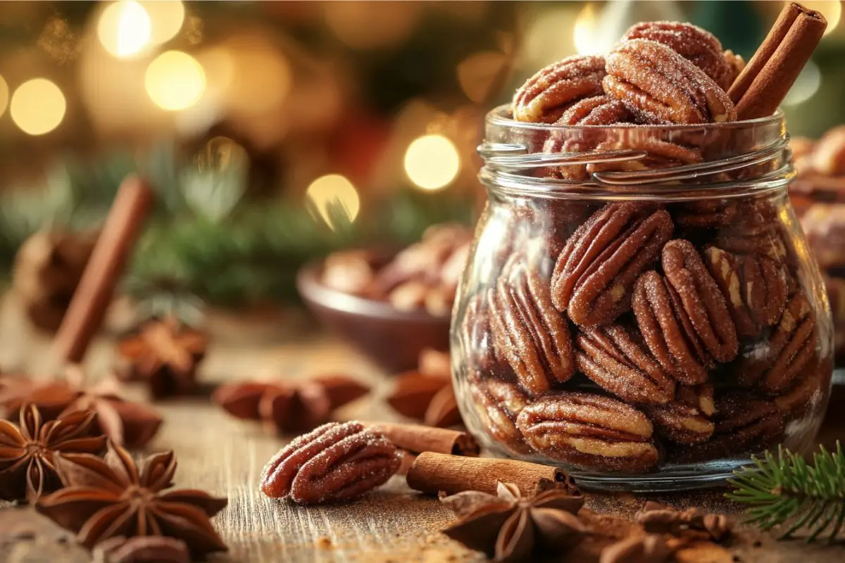 Glass jar of spiced pecans surrounded by holiday spices on a wooden table.