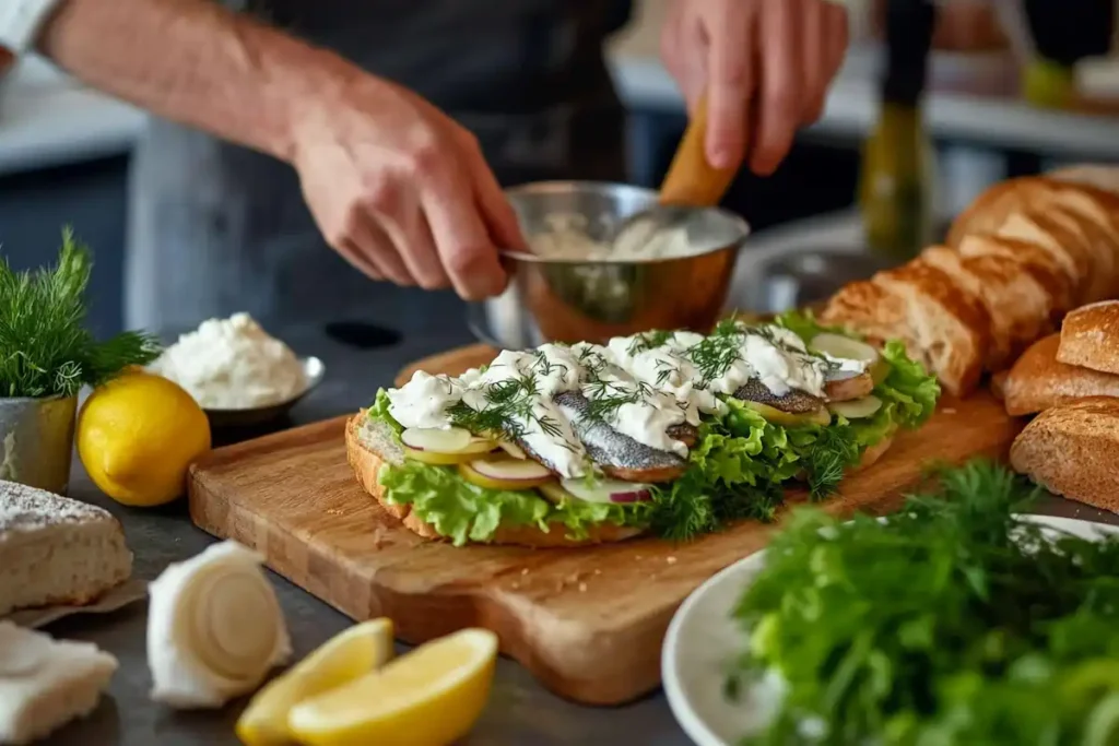 Step-by-step assembly of Matjesbrötchen with fresh ingredients layered in a crusty bread roll.