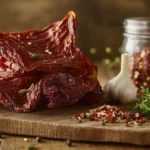 Dried Jimmy Nardello peppers on a wooden cutting board with garlic and herbs.