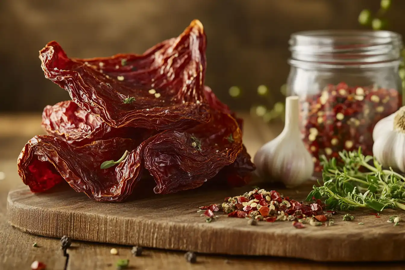 Dried Jimmy Nardello peppers on a wooden cutting board with garlic and herbs.