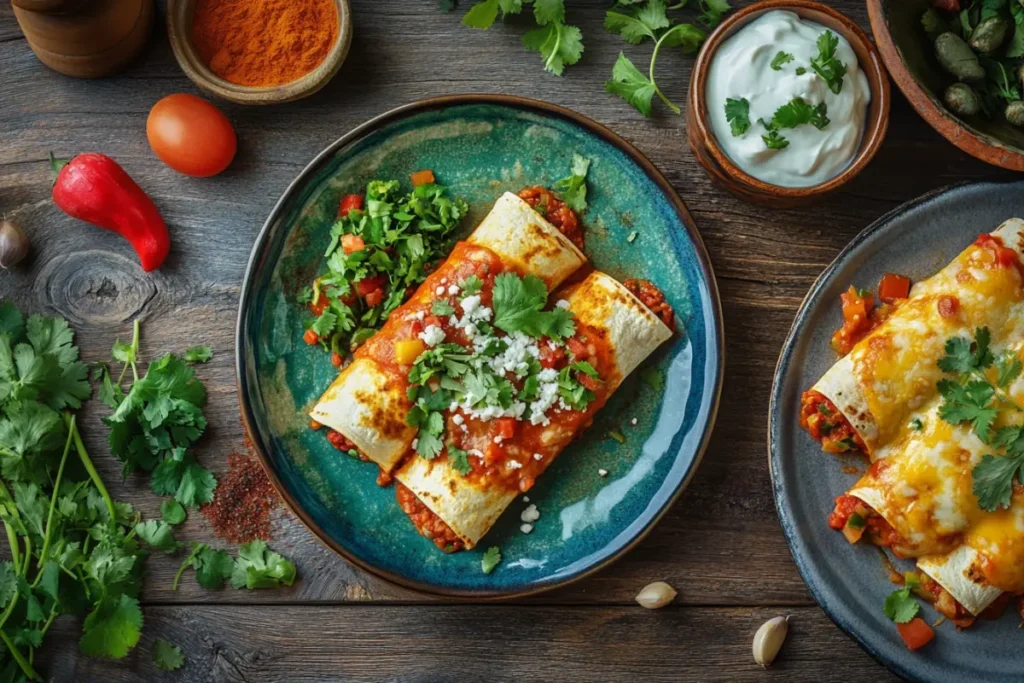 Traditional Mexican enchiladas served with authentic toppings alongside American-style enchiladas baked with cheddar cheese and tomato sauce.