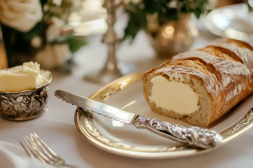 A stainless steel butter knife with a polished ergonomic handle on a white marble surface next to a butter dish and bread.