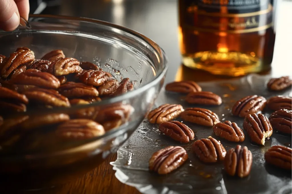 Close-up of pecans soaking in a glass bowl of bourbon with a bottle in the background.