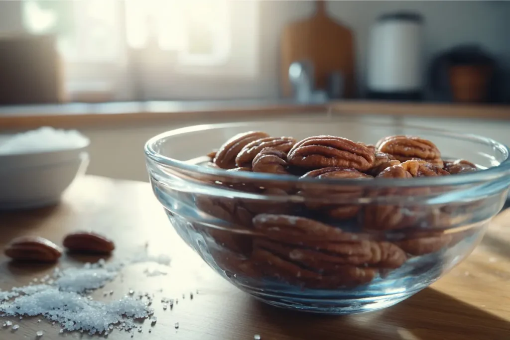 Soaking pecans in water to enhance flavor and nutrition before roasting.