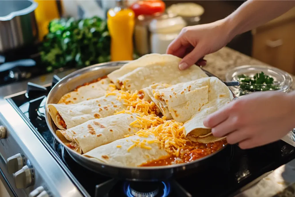 Warm tortillas being rolled with enchilada filling in a cozy kitchen setting