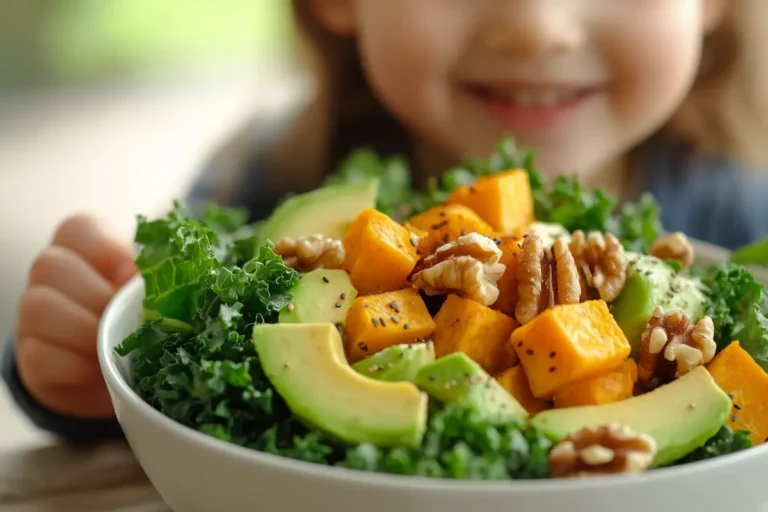 Sweet Potato Kale Salad with Maple Mustard Dressing in a white bowl, garnished with walnuts and avocado slices.