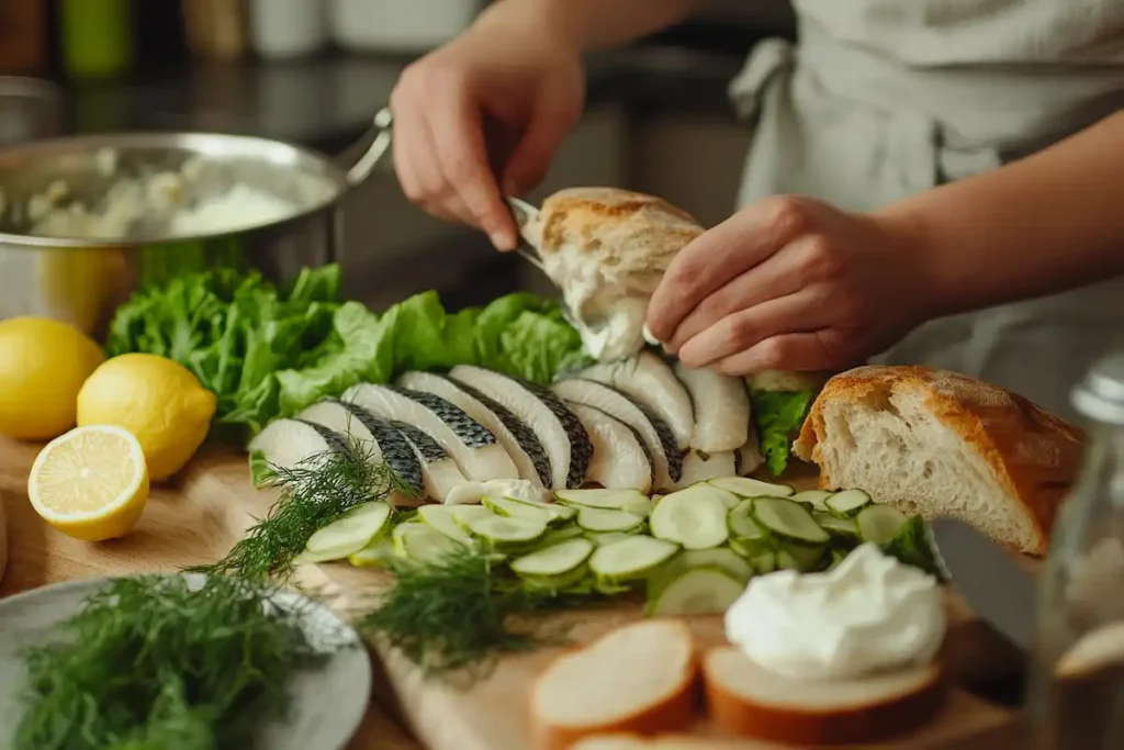 Finished Matjesbrötchen sandwich with garnishes, served on a wooden board with a side salad.