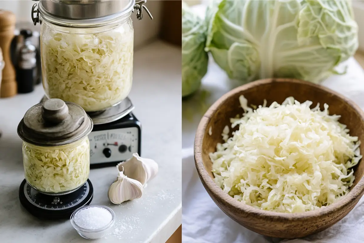 Freshly shredded cabbage sprinkled with sea salt for sauerkraut fermentation.