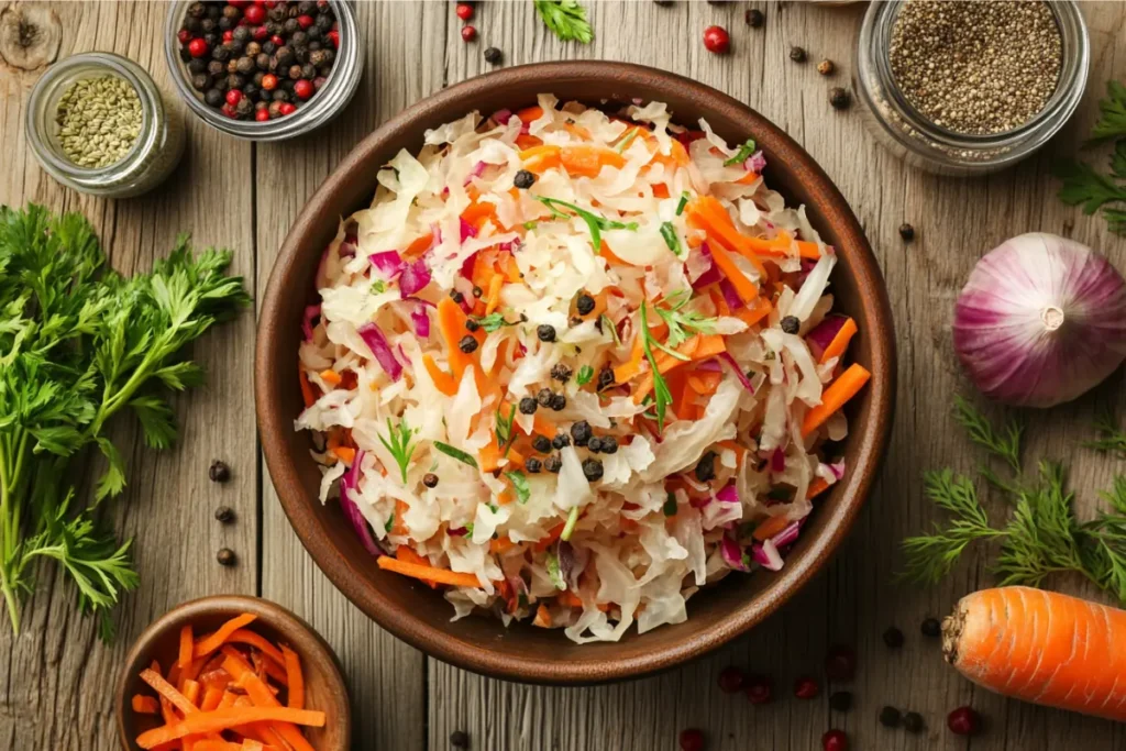 A bowl of sauerkraut enhanced with colorful spices and vegetables on a rustic wooden countertop.