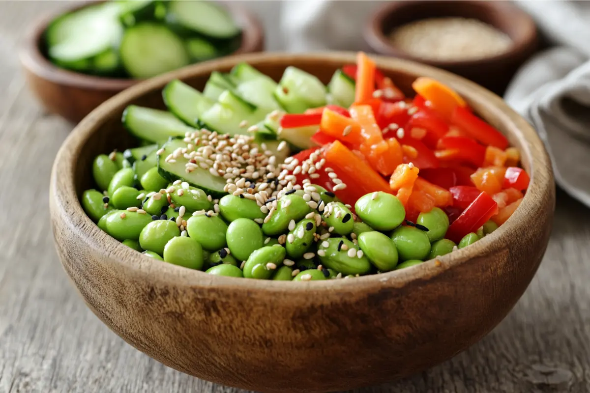 Edamame salad with fresh vegetables and sesame dressing in a wooden bowl.