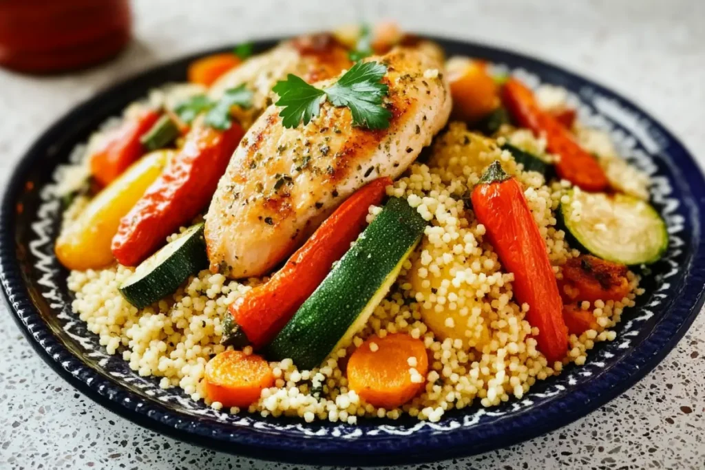 What Pairs Well with Couscous? A colorful plate of couscous with roasted vegetables, grilled chicken, and creamy yogurt sauce.