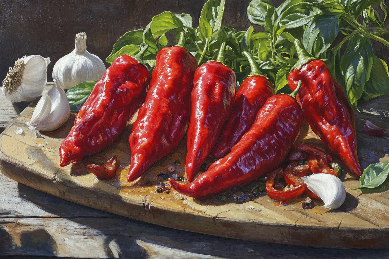 Close-up of a Jimmy Nardello pepper on a wooden cutting board with fresh herbs and garlic cloves.