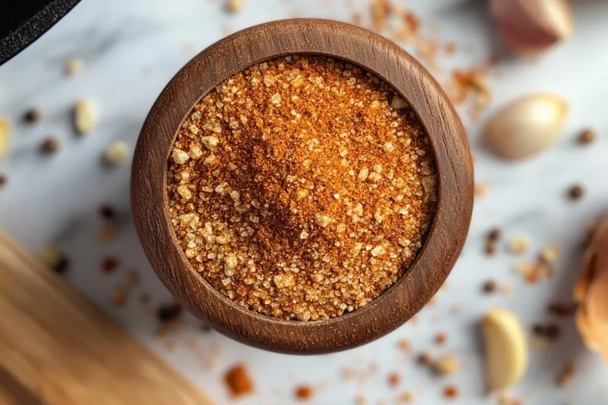 What is blackening seasoning made of? A top-down view of a bowl of colorful spices.