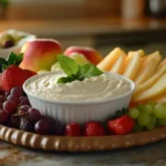 Fresh fruit platter with creamy white fruit dip and colorful fruits.