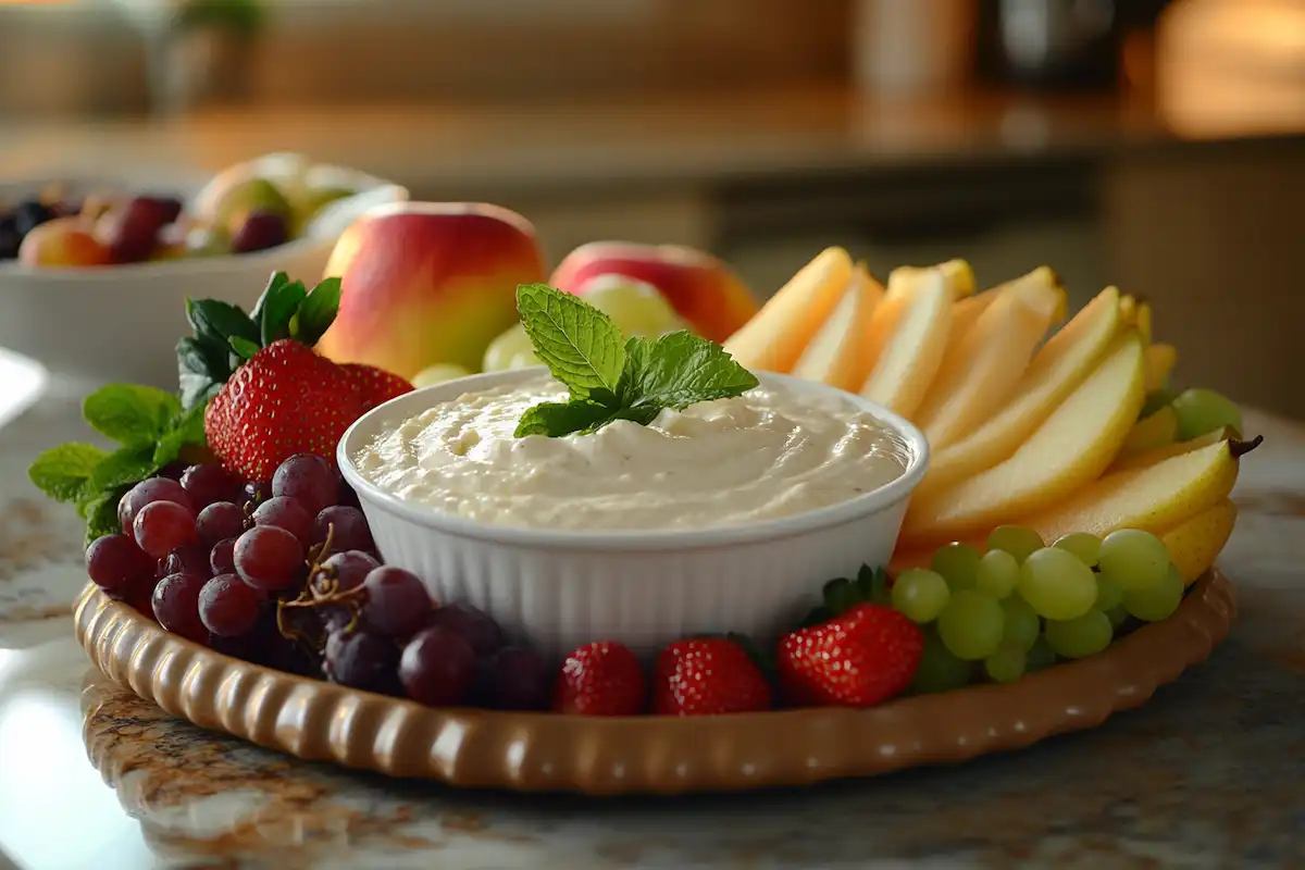 Fresh fruit platter with creamy white fruit dip and colorful fruits.