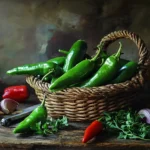 Green Jimmy Nardello peppers in a basket on a wooden countertop with herbs, garlic, and olive oil.