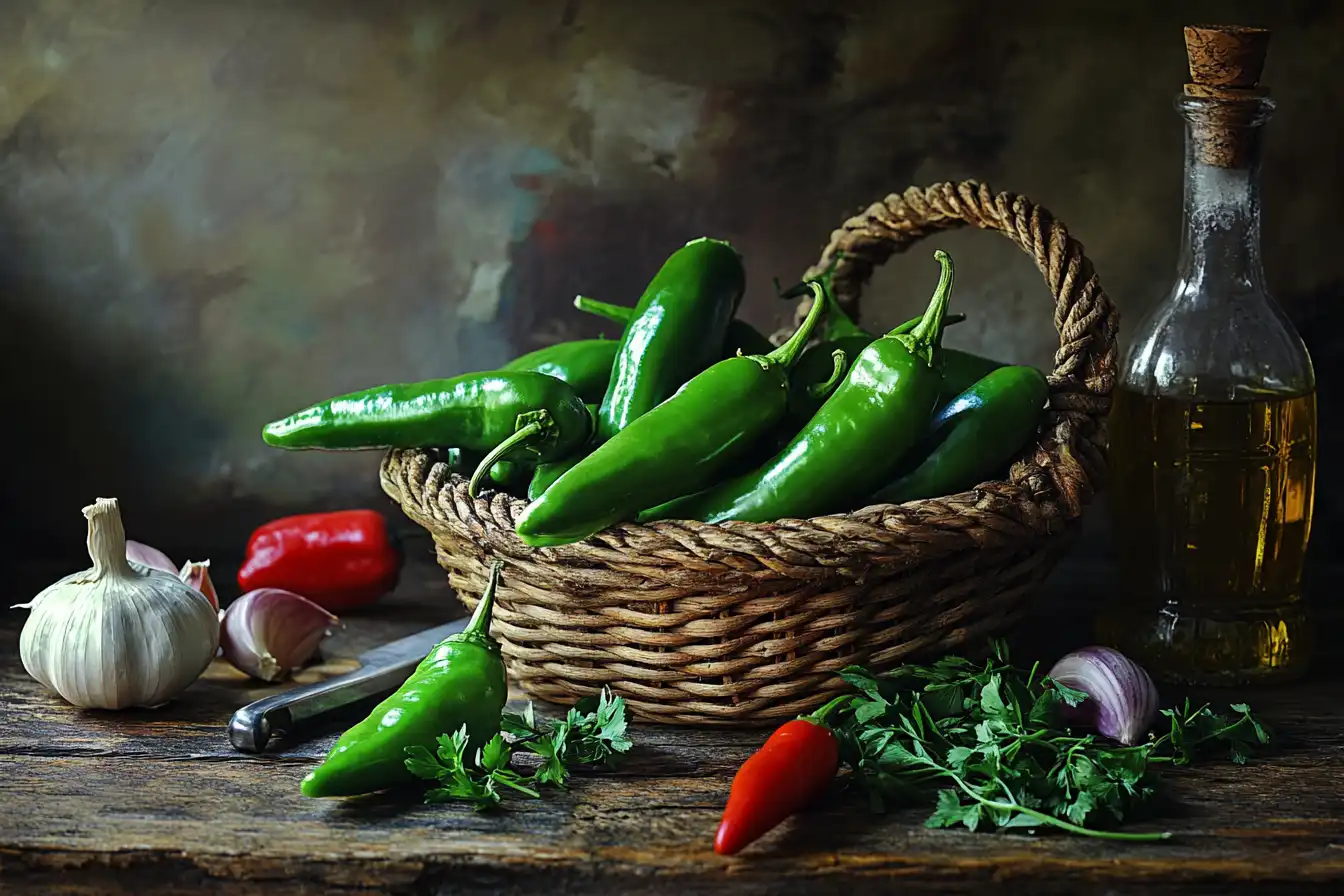 Green Jimmy Nardello peppers in a basket on a wooden countertop with herbs, garlic, and olive oil.