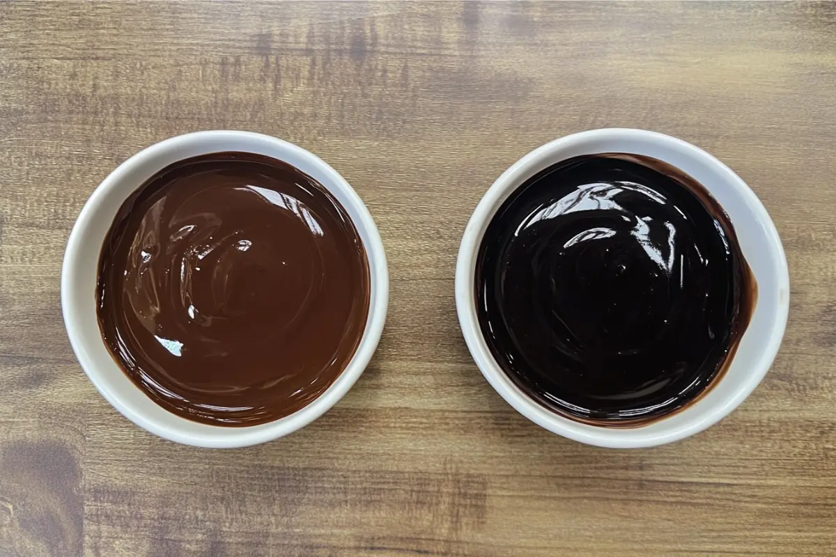 what's the difference between chocolate sauce and chocolate fudge? Top-down view of sauce and fudge side by side.