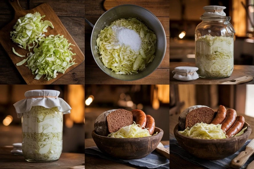 Rustic coal miner’s sauerkraut in a wooden bowl with rye bread and sausages