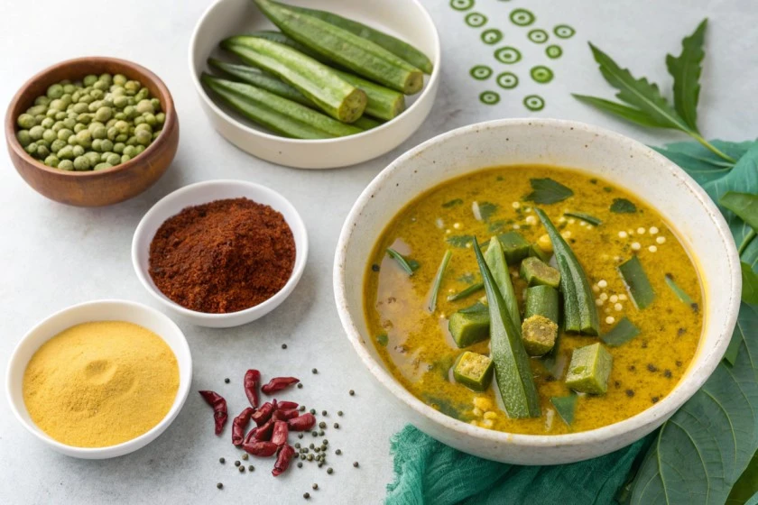 Fresh Green Sundakkai Sambar in a traditional South Indian serving bowl with vibrant lentils and tamarind base.