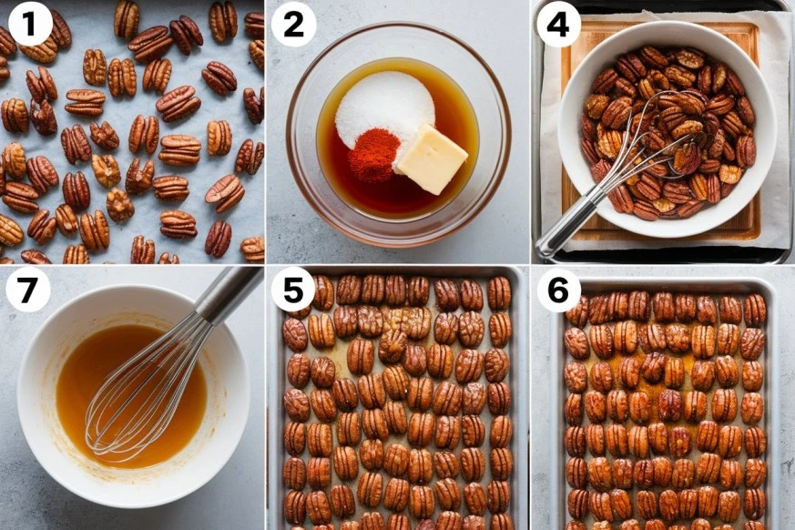 Bourbon-infused pecans with cayenne pepper served in a rustic bowl