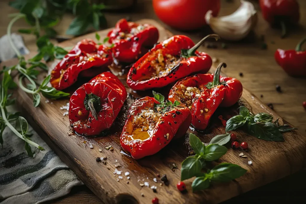 Freshly roasted Johnny Nardello peppers in a wooden bowl with a garnish of fresh herbs on a rustic table.