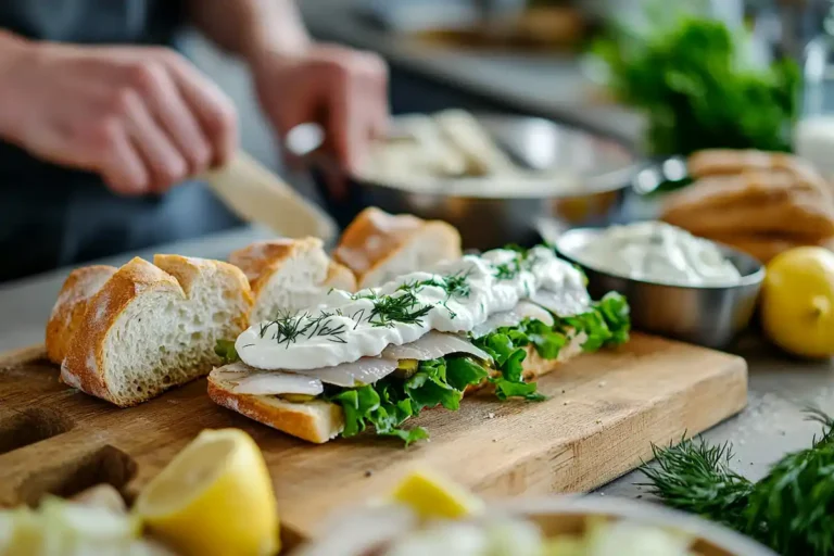 Ingredients for Matjesbrötchen recipe featuring fresh matjes herring, bread rolls, vegetables, and creamy sauce.