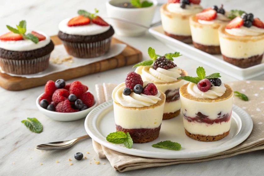 An assortment of desserts including mini cheesecakes with cream cheese and white chocolate pudding mix, garnished with fresh berries and mint leaves, alongside chocolate cupcakes with frosting.